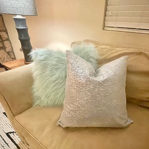 2 blue fur throw feather pillows by Thro